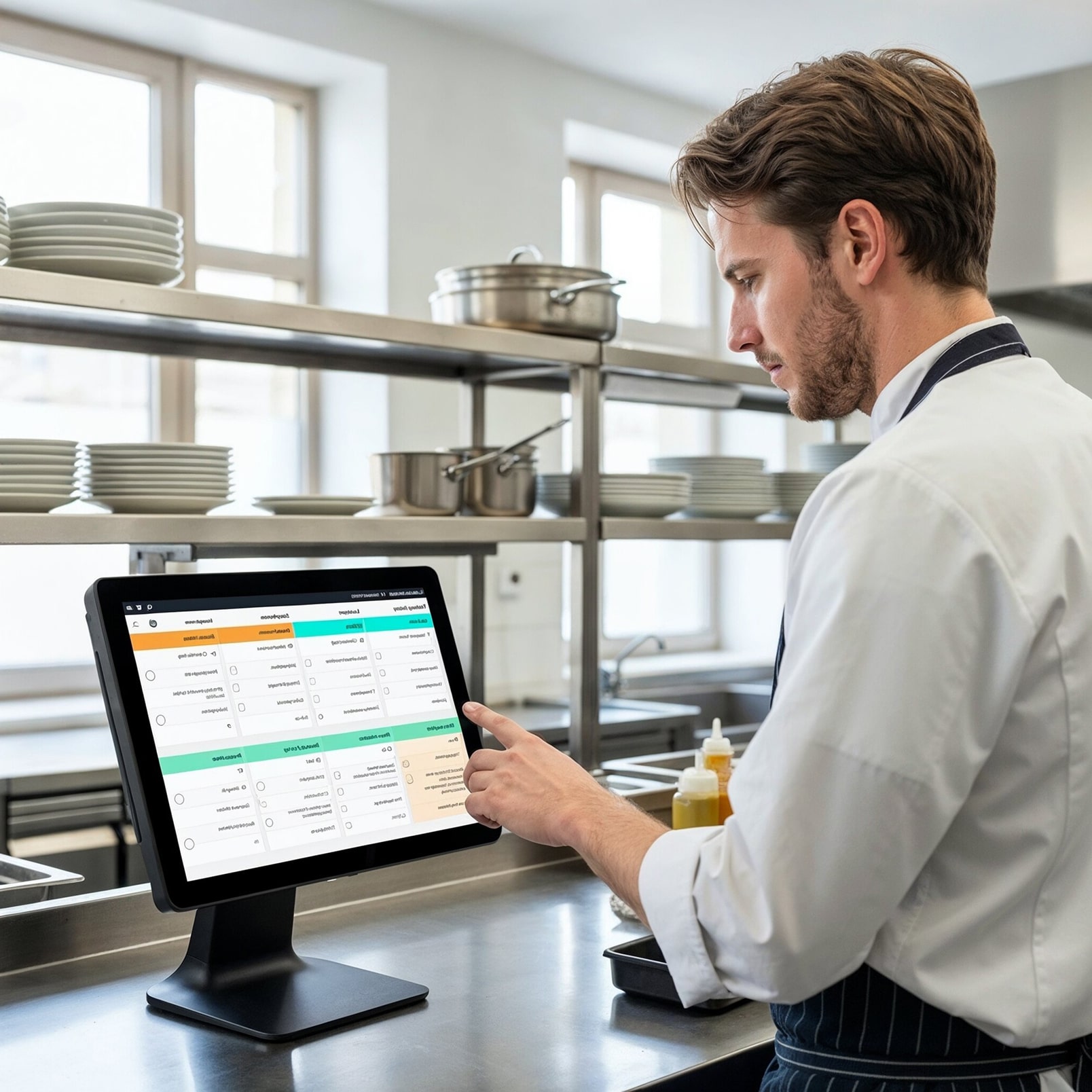 Un chef dans une cuisine utilisant un écran tactile pour gérer les tâches, entouré d&apos;assiettes et de casseroles.