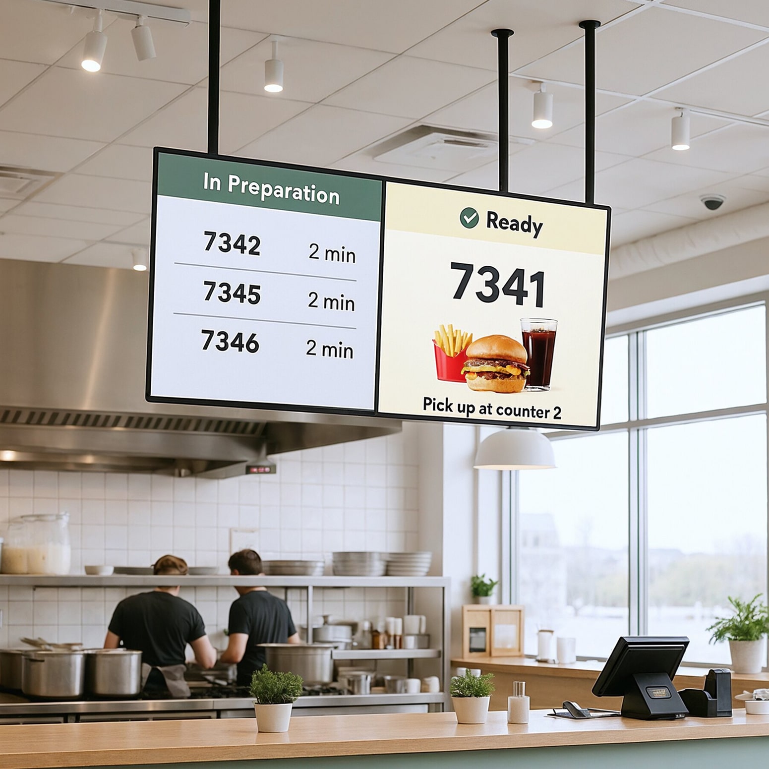 Un écran d&apos;affichage client numérique montre la commande prête avec un burger et une boisson, et trois commandes en préparation