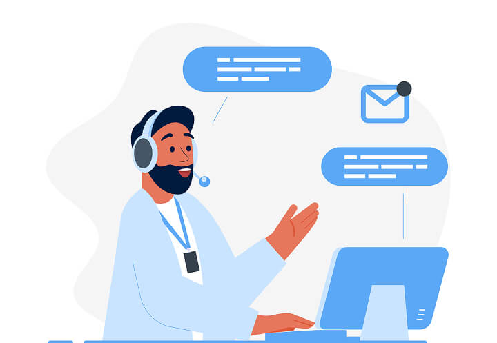 Illustration d’un conseiller technique assistant un client depuis son ordinateur avec des messages personnalisés