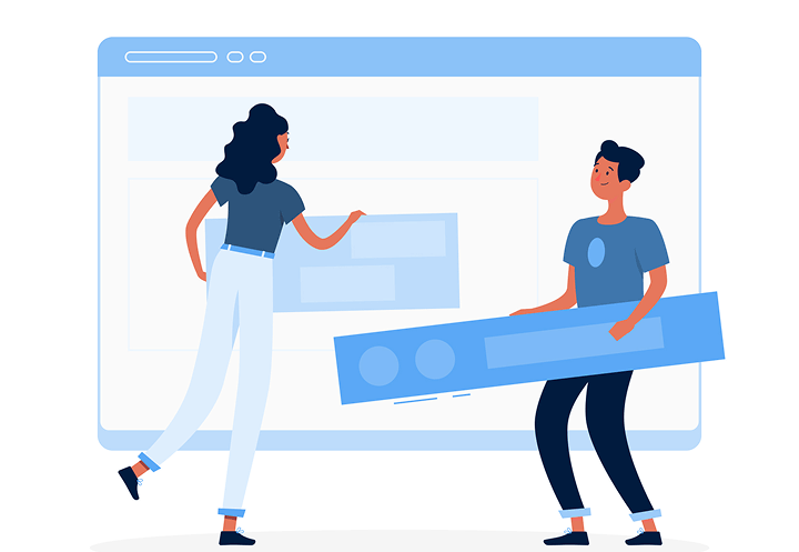 Illustration d’une femme et d’un homme construisant une page web pour améliorer la visibilité en ligne d’un établissement